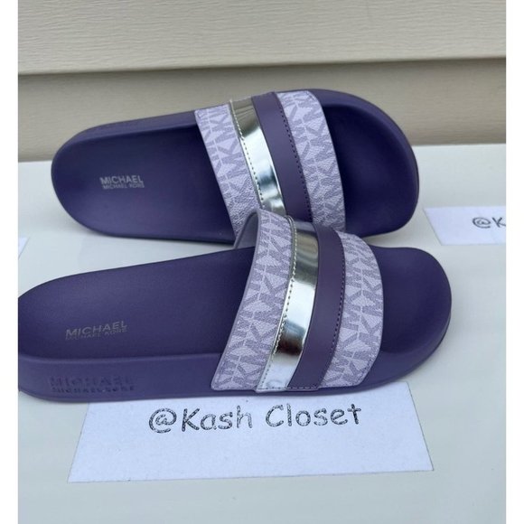 Michael Kors Brandy Metallic Striped Logo Slide Sandal- Lavender - Picture 1 of 7